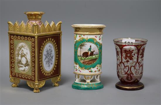 A 19th century Paris porcelain pot pourri vase, a German vase and Bohemian glass
